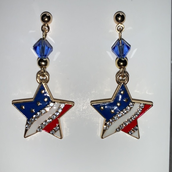 Star American Flag Pendant Red White and Blue Dangles From Stud with Blue Czech - Picture 5 of 12